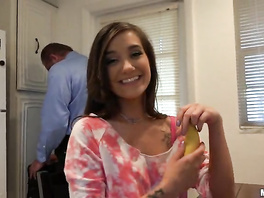 Naughty chick is waiting when her daddy leaves to work