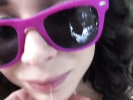 Slutty brunette is ready to show her breasts for one portion of drink