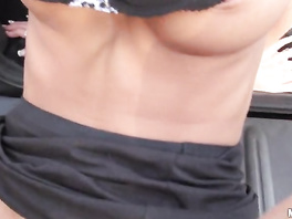 Dude is eating pizza and seducing chick to show her boobs