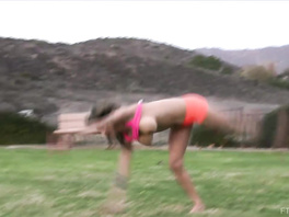 Young brown haired babe is playing pussy on golf court