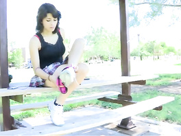 Brunette juicy babe feels horny and masturbates outdoors