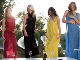 Steaming hot young girlfriends Maria Pie, Nomi, Alisa a and Vanessa are stripping off by the pool